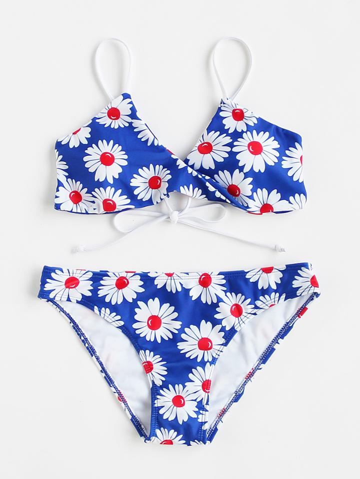Shein Daisy Print Tie Back Bikini Set
