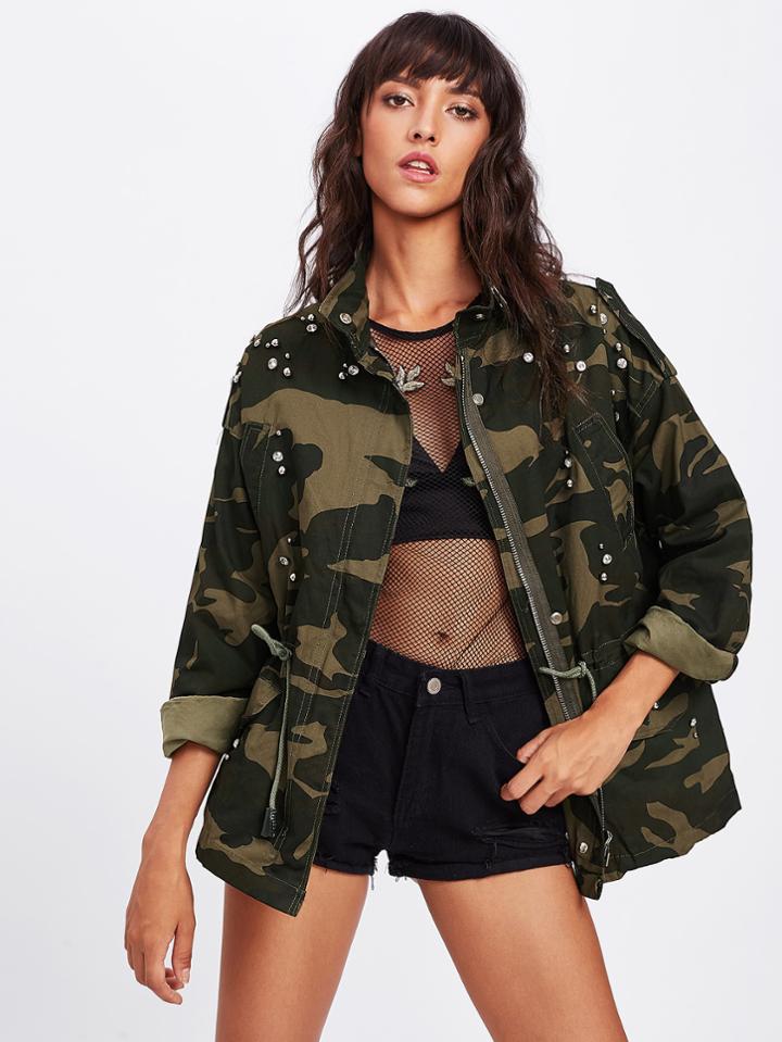 Shein Rhinestone Decoration Drawstring Camo Jacket