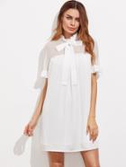 Shein Bow Front Sheer Shoulder Frilled Dress