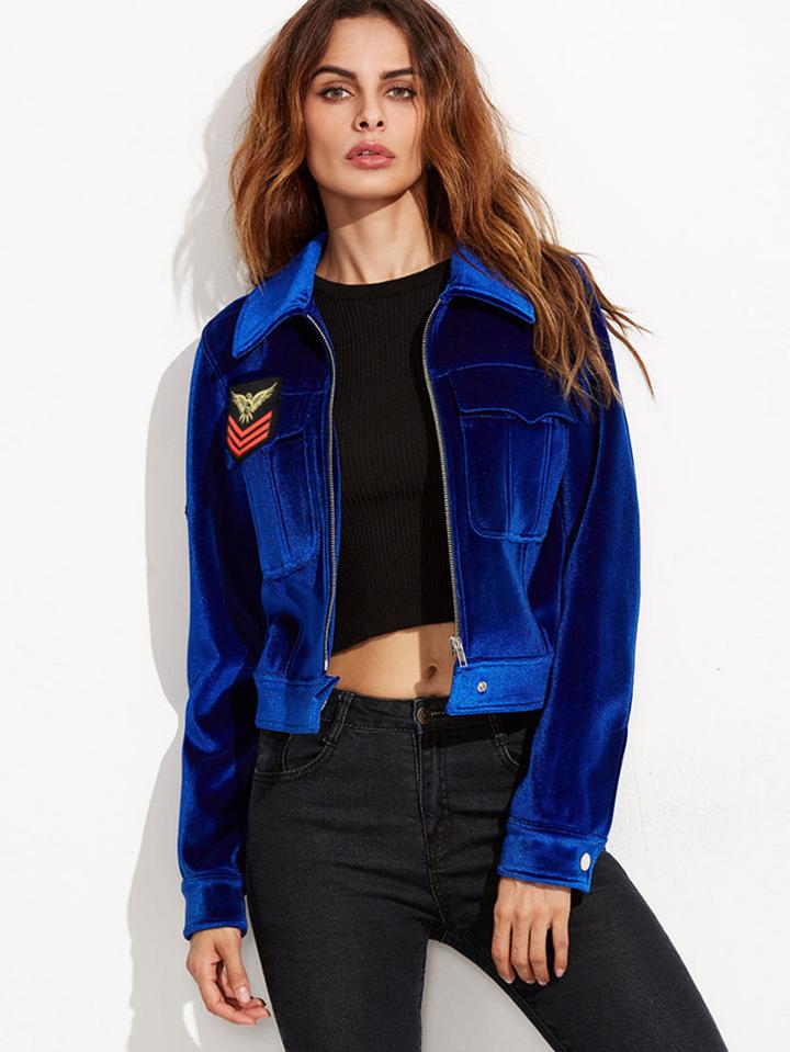 Shein Blue Zip Up Velvet Jacket With Embroidered Patch