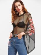 Shein Embroidered Flower Applique Bell Sleeve Fishnet Top