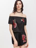Shein Embroidered Patch Bardot Top With Drawstring Shorts
