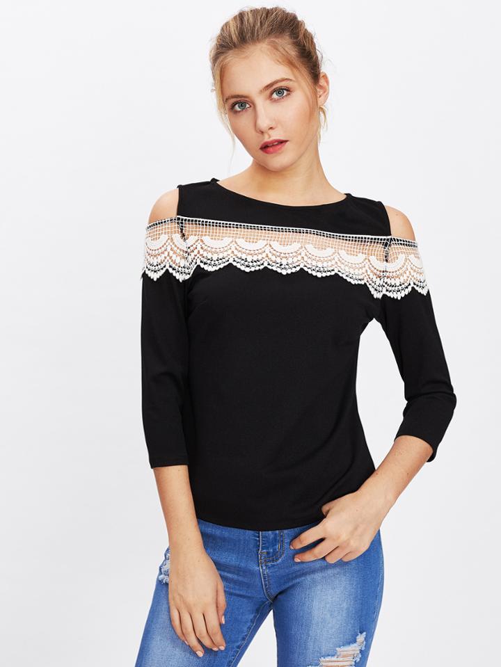 Shein Lace Crochet Contrast Open Shoulder Tee
