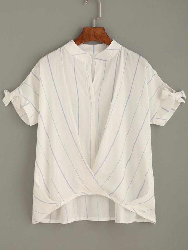 Shein Vertical Striped Bow Dip Hem Blouse