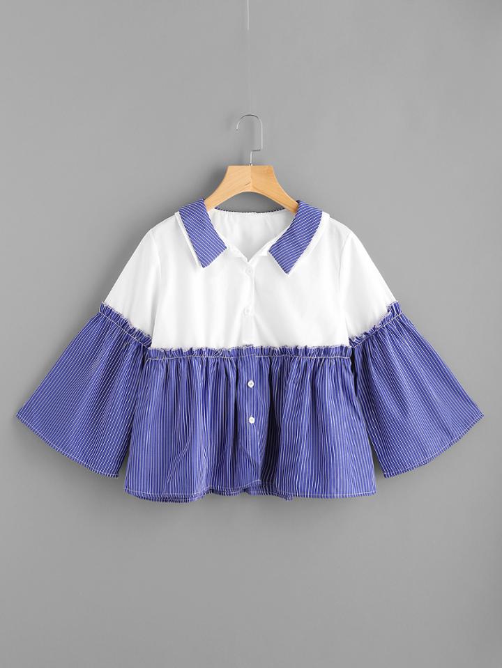 Shein Double Collar Bell Sleeve Contrast Shirt