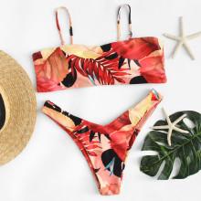 Shein Leaf Print High Leg Bikini Set