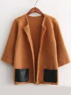 Shein Khaki Half Sleeve Contrast Pu Leather Pockets Sweater Coat