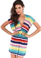 Rosewe Lively Colorful Neon Pattern V Neck Summer Dress