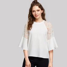 Shein Lace Panel Flounce Sleeve Zip Back Top