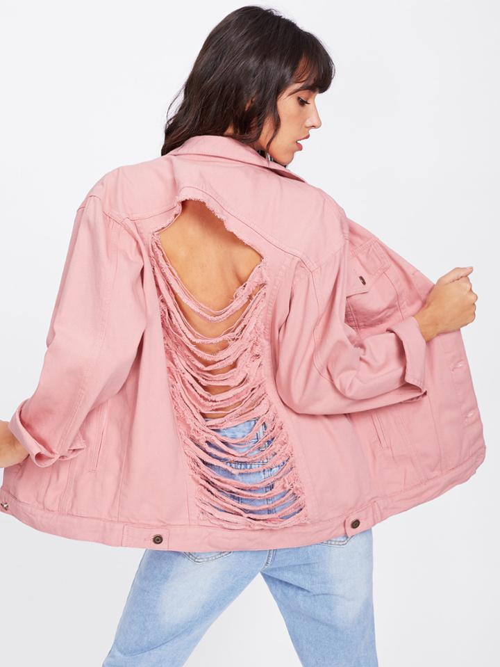 Shein Laddering Slit Back Frayed Trim Jacket