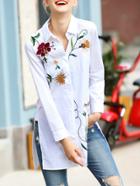 Shein White Lapel Flowers Embroidered Split Blouse