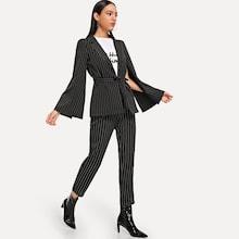 Shein Waist Belted V-neck Striped Blazer