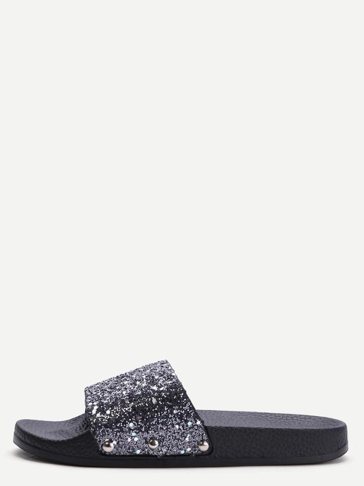 Shein Black Glitter Sequin Rubber Sole Slippers