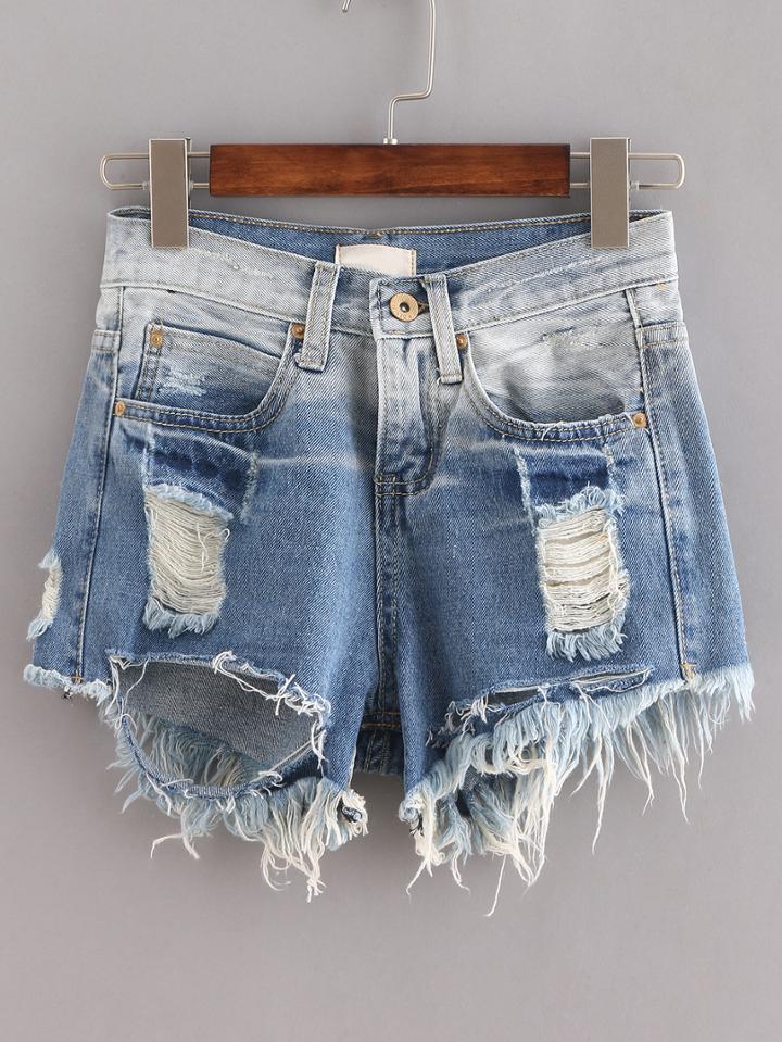 Shein Blue Ombre Ripped Raw Hem Denim Shorts