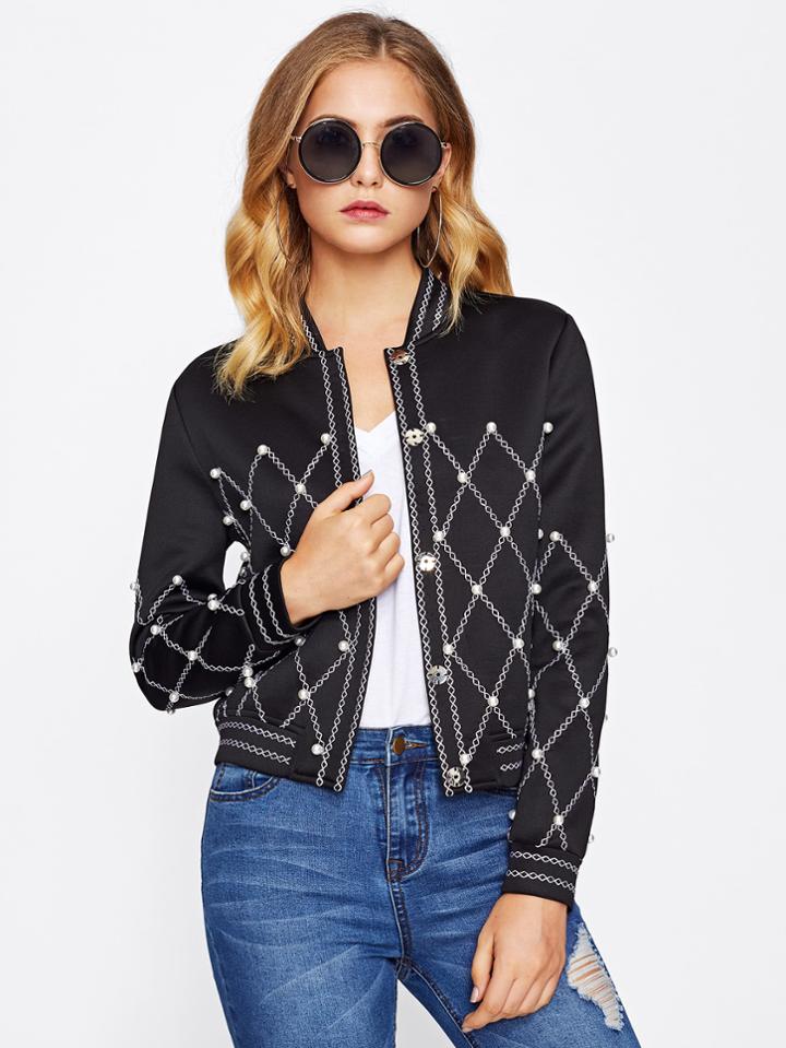 Shein Geo Stitch Pearl Beading Jacket