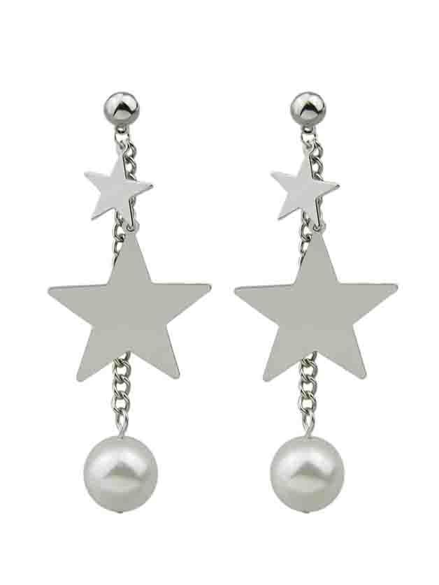 Shein Silver Long Star Pearl Pendant Earrings