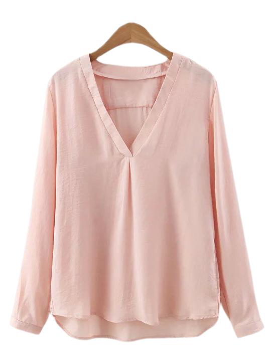 Shein Nude Dip Hem V Neck Long Sleeve Blouse