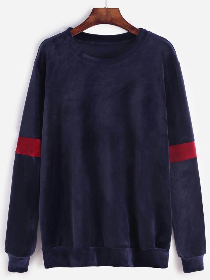 Shein Navy Contrast Trim Velvet Sweatshirt