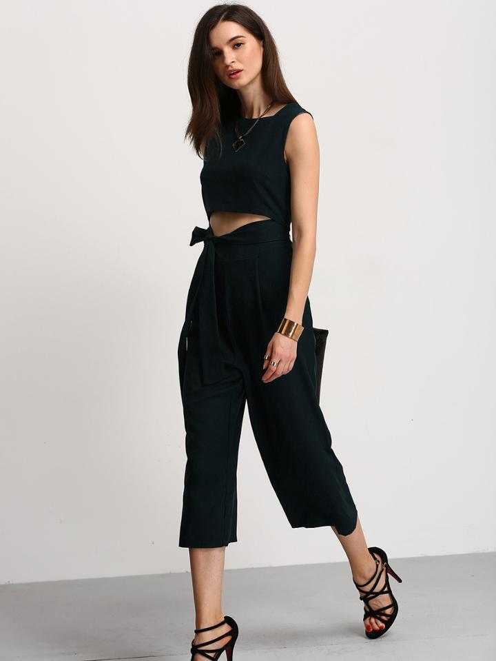 Shein Black Cut Out Knotted Zipper Jumpsuit