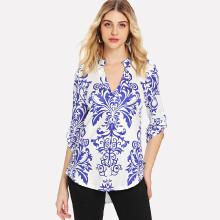Shein Porcelain Print Roll Up Sleeve Shirt