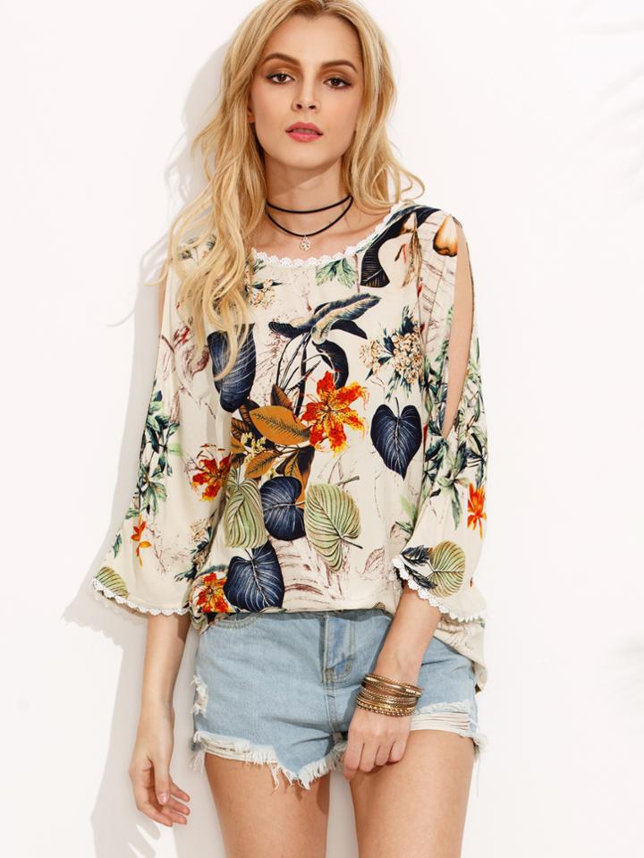 Shein Multicolor Print Split Sleeve U Back Blouse