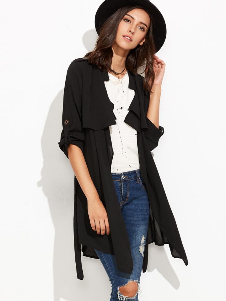 Shein Black Ruffle Front Self Tie Coat