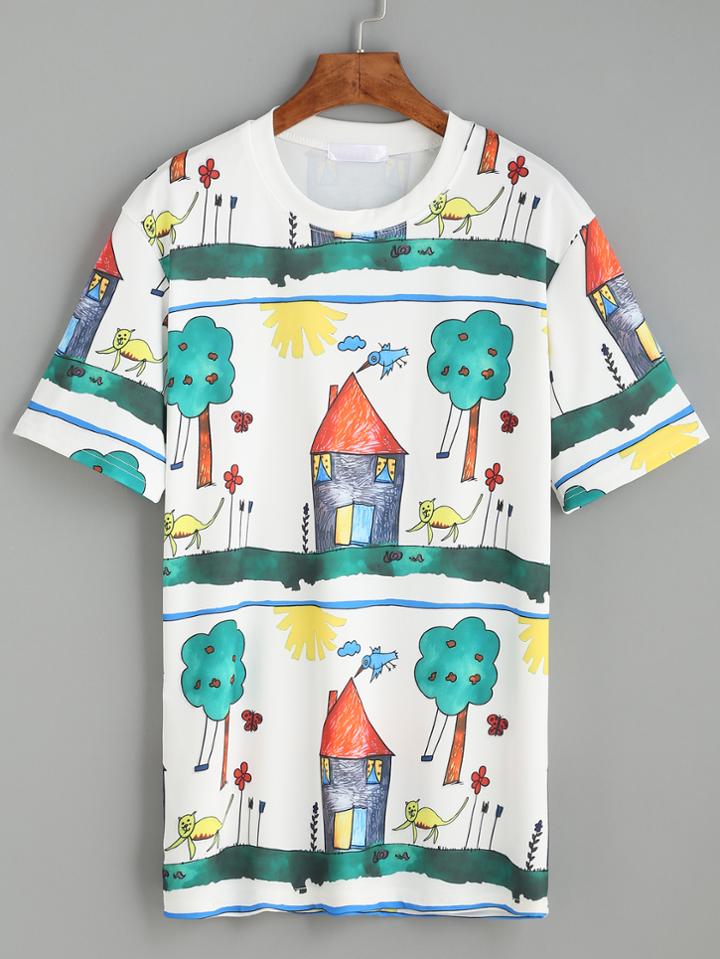 Shein White Drawing Print T-shirt