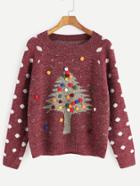 Shein Burgundy Polka Dot Christmas Tree Pattern Pom Pom Sweater