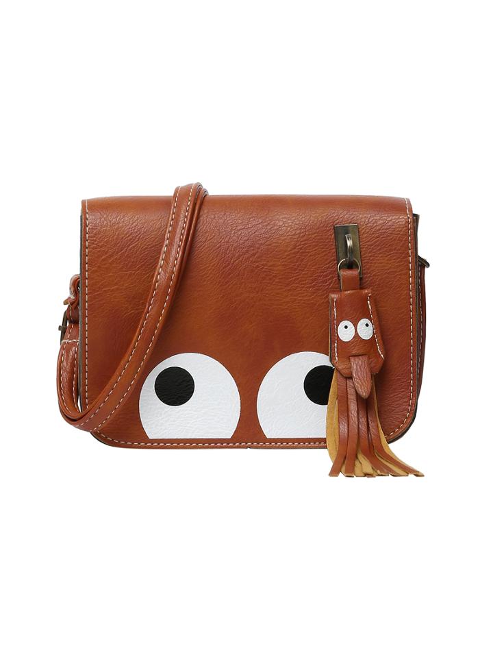 Shein Big Eye Print Flap Satchel Bag - Brown