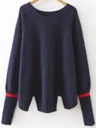 Shein Navy Ribbed Trim Slit Raglan Sleeve Sweater