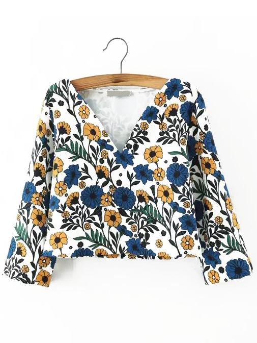 Shein Multicolor V Neck Floral Crop Top