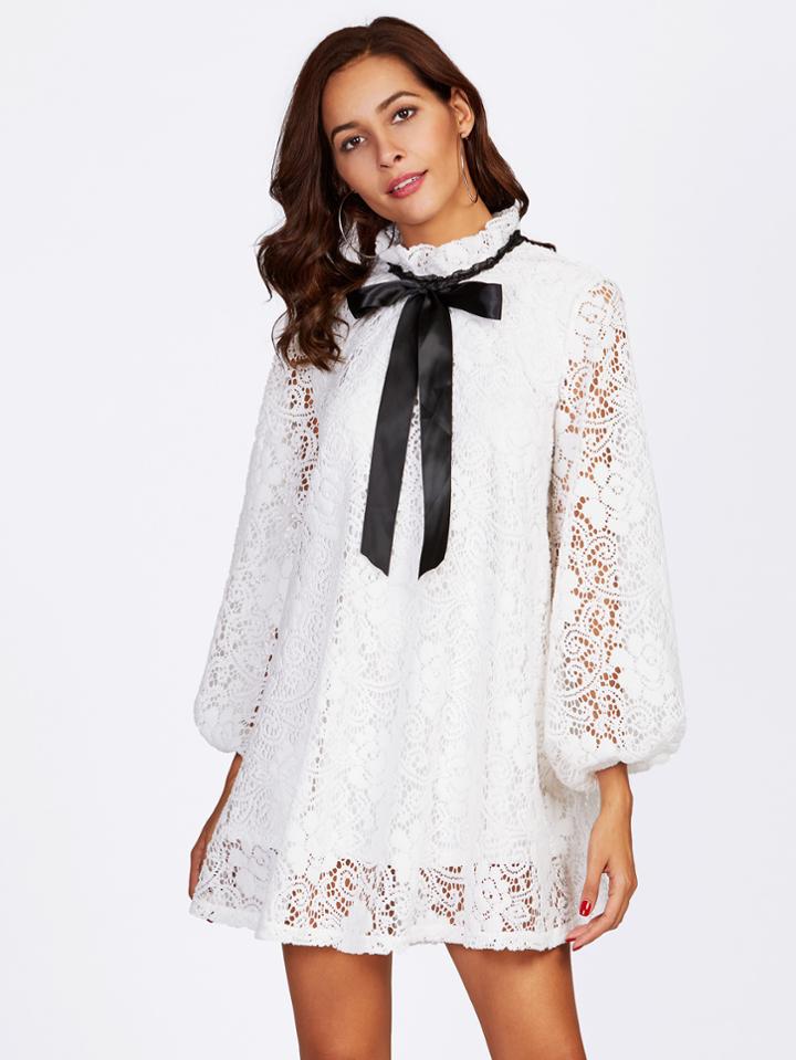 Shein Lantern Sleeve Flower Lace Overlay Ruffle Tied Neck Dress