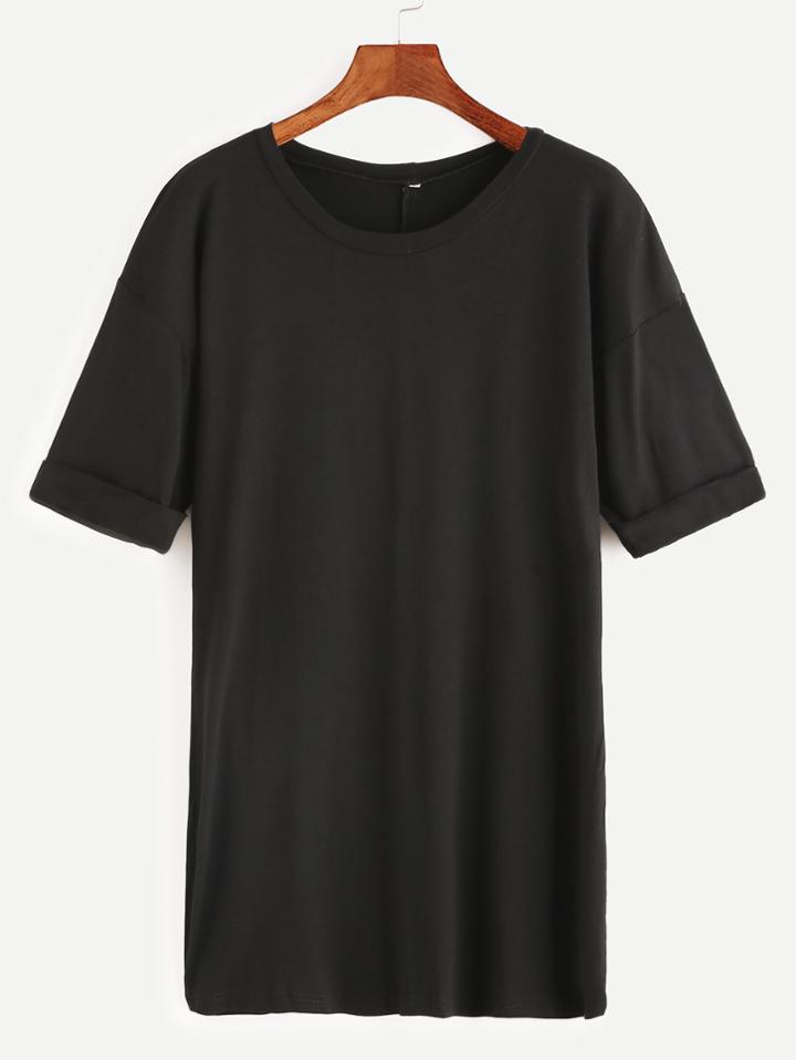 Shein Black Short Sleeve Roll Cuff T-shirt