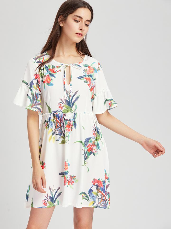 Shein Keyhole Tie Neck Trumpet Sleeve Smock Dress
