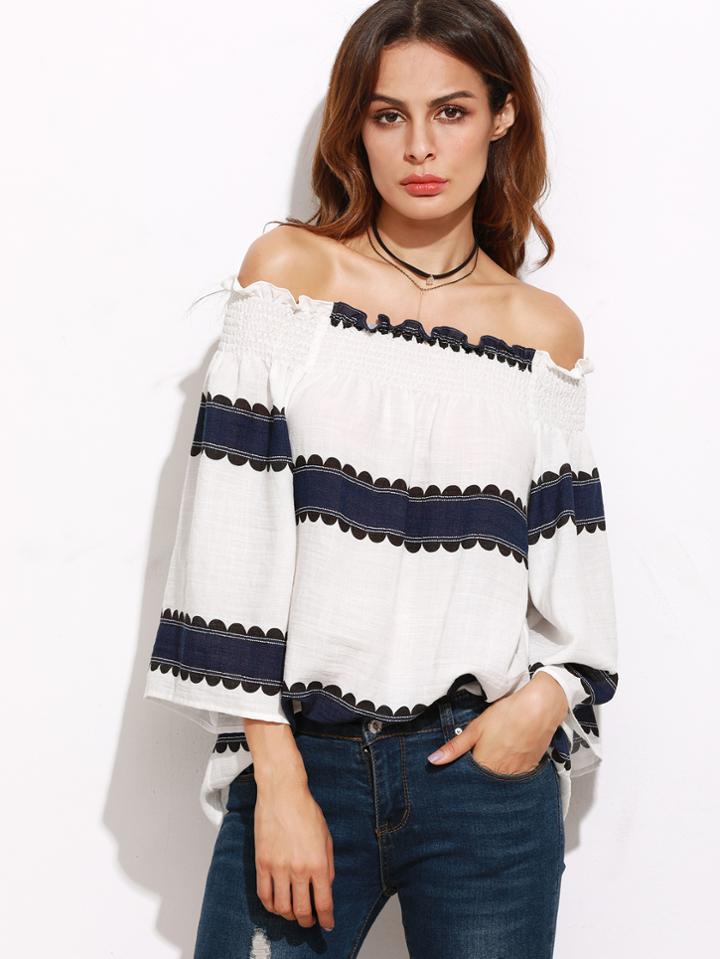 Shein White Contrast Panel Smocked Off The Shoulder Top