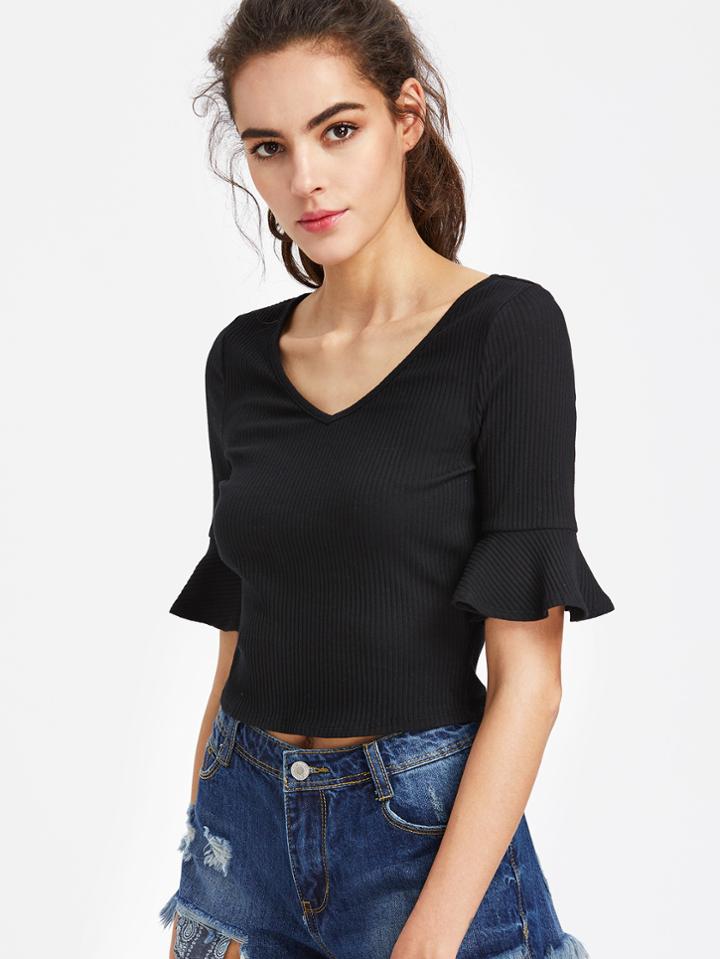 Shein Rib Knit Fluted Sleeve Skinny Tee