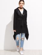 Shein Black Asymmetrical Hem Hooded Self Tie Coat