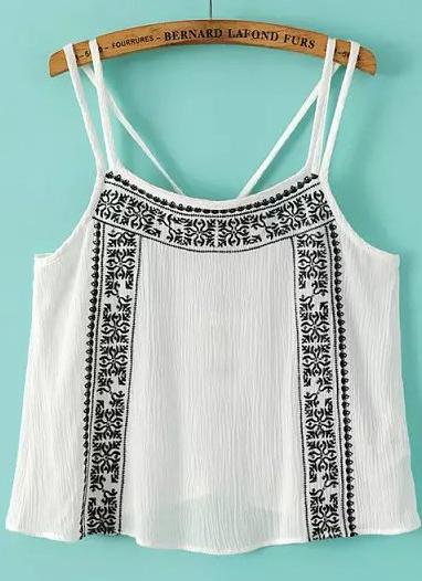 Shein White Spaghetti Strap Embroidered Cami Top
