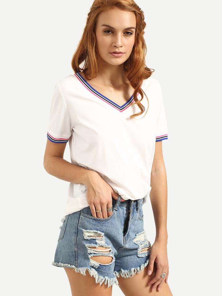 Shein White V Neck Short Sleeve T-shirt