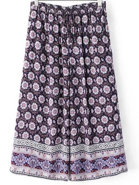 Shein Multicolor Pockets Elastic Tie-waist Bow Print Wide Leg Pants