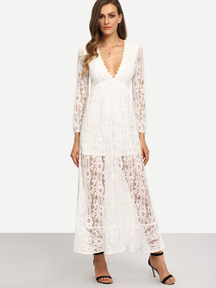 Shein White V Neck Long Sleeve Lace Maxi Dress