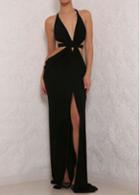 Rosewe Plunging Neck Black High Slit Maxi Dress