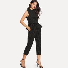 Shein Mock Neck Frill Striped Peplum Top And Pants Set