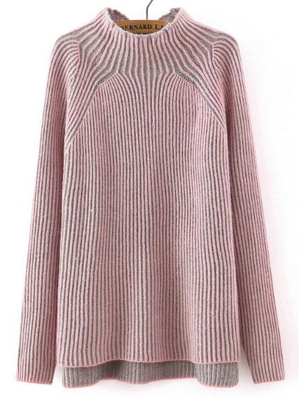 Shein Pink Mock Neck Striped Patterned Sweater