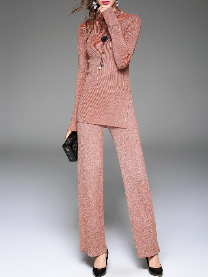 Shein Pink Crew Neck Knit Top With Pants
