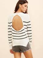 Shein White Striped Buttoned Shoulder Cutout Sweater