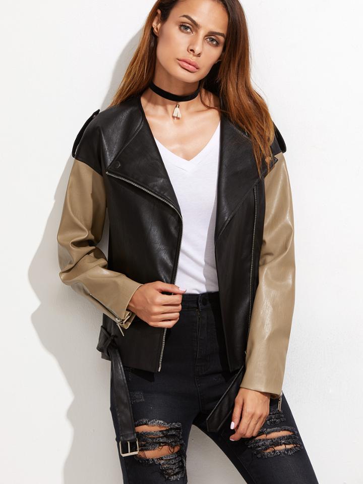 Shein Contrast Faux Leather Belted Hem Biker Jacket