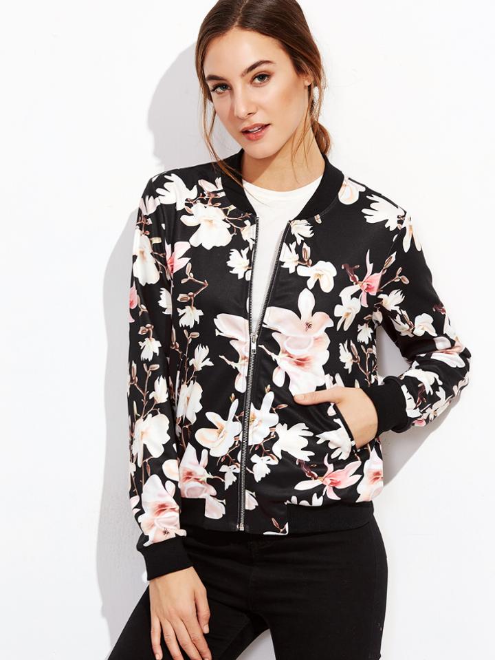 Shein Black Flower Print Zip Up Bomber Jacket