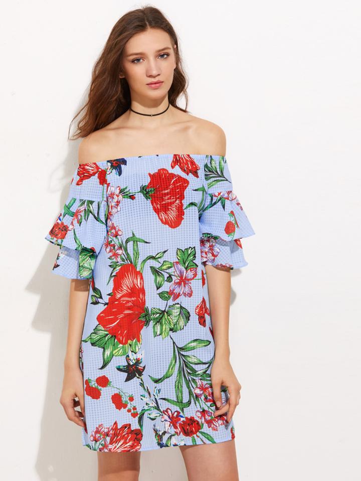 Shein Bardot Tiered Flute Sleeve Jungle Print Dress