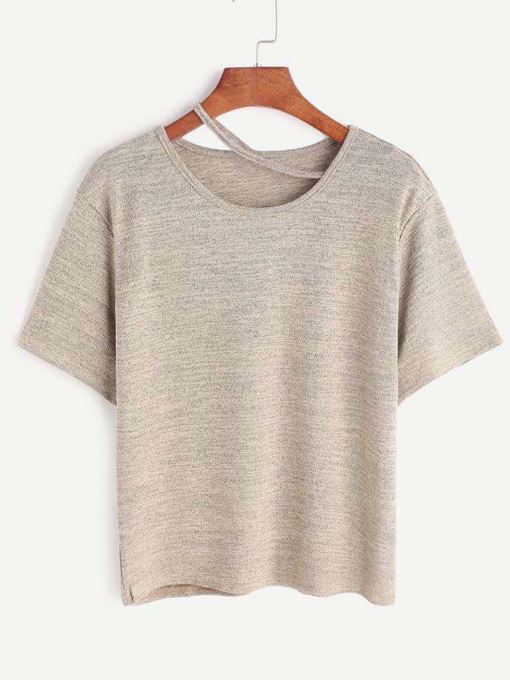 Shein Khaki Strappy Neck Slub T-shirt